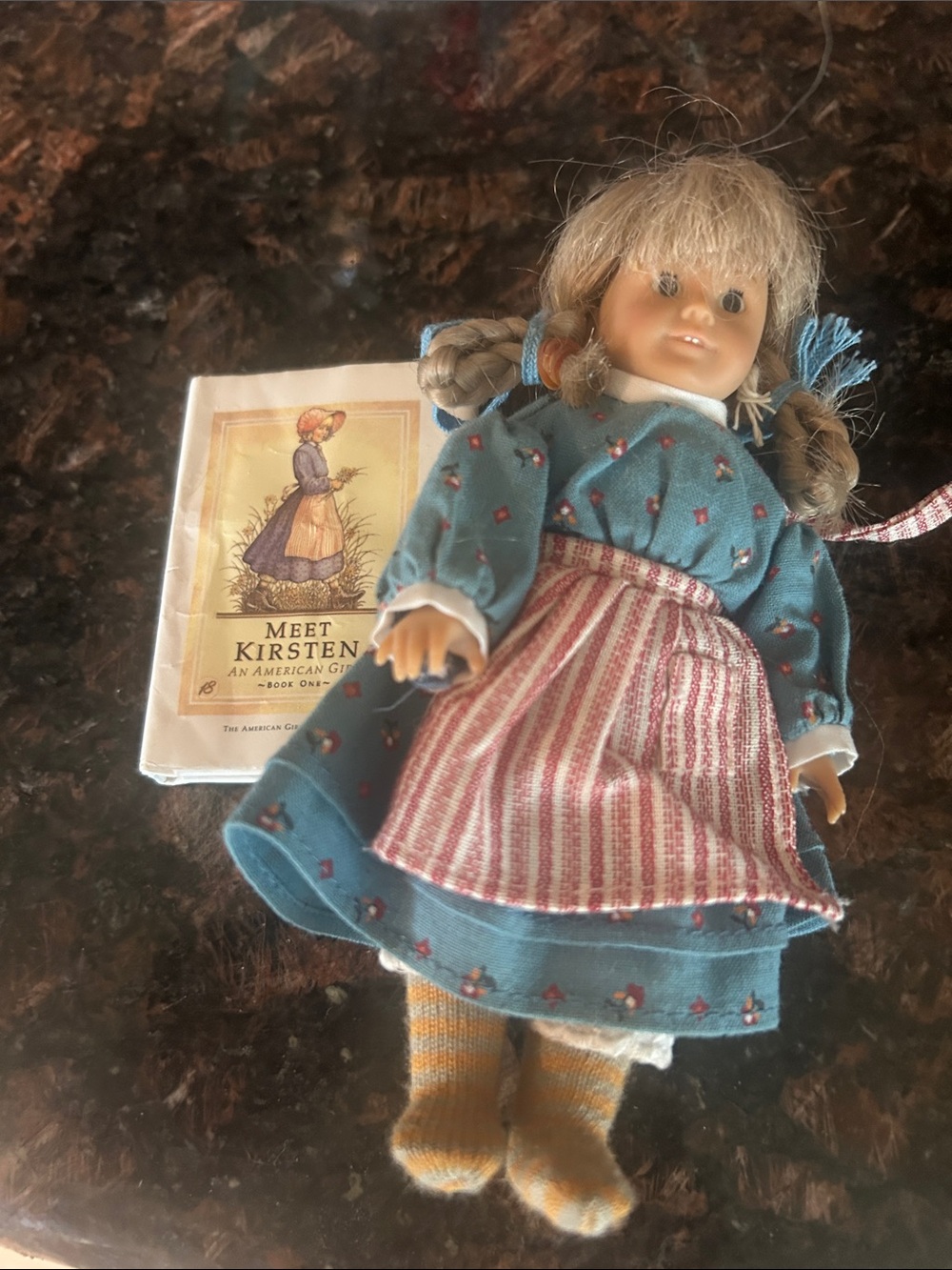 Mini American Girl Kirsten Doll in Blue Floral Dress with Red-Striped Apron